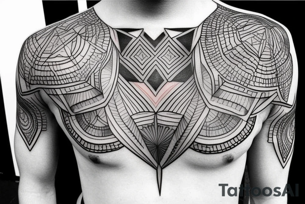 Geometric tattoo with layers and some geometric pattern fading into blackout for a full chest tattoo tattoo idea