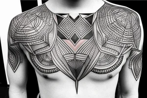 Geometric tattoo with layers and some geometric pattern fading into blackout for a full chest tattoo tattoo idea