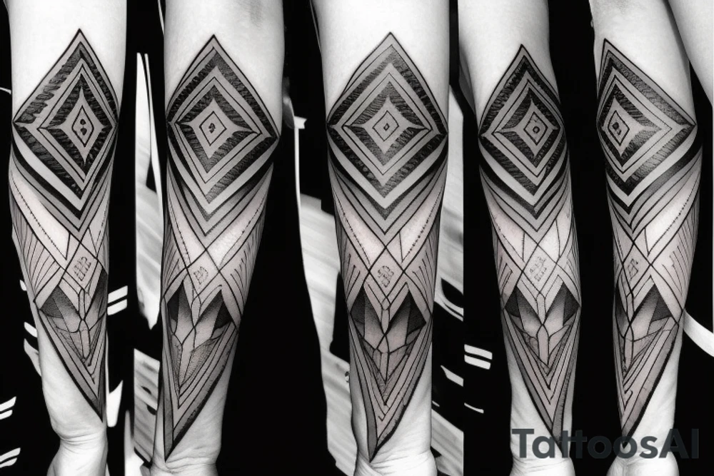 Geometric tattoo with layers and some geometric pattern fading into blackout for a neck tattoo tattoo idea