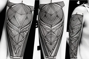 Geometric tattoo with layers and some geometric pattern fading into blackout for a neck tattoo tattoo idea