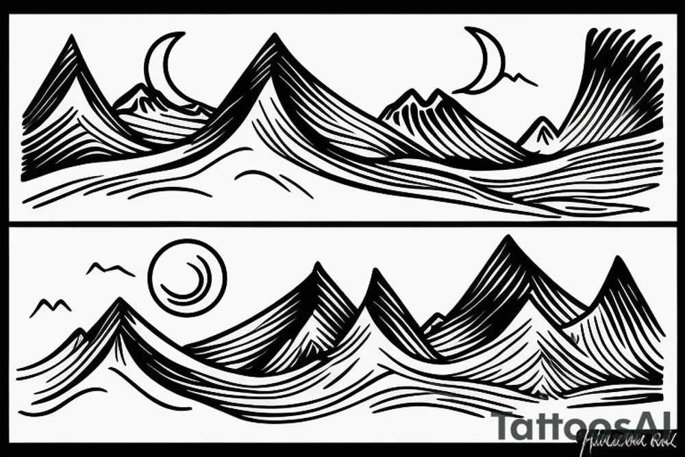 Sunrise over the mountains flipping into a sunset over waves tattoo idea