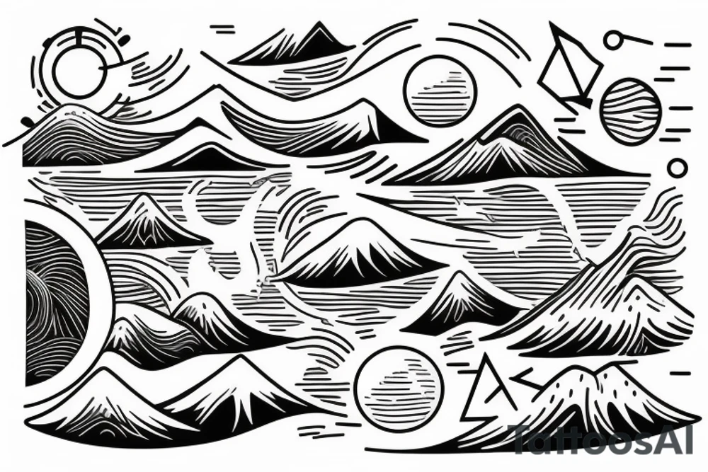 Sunrise over the mountains flipping into waves and a sunset over the ocean tattoo idea
