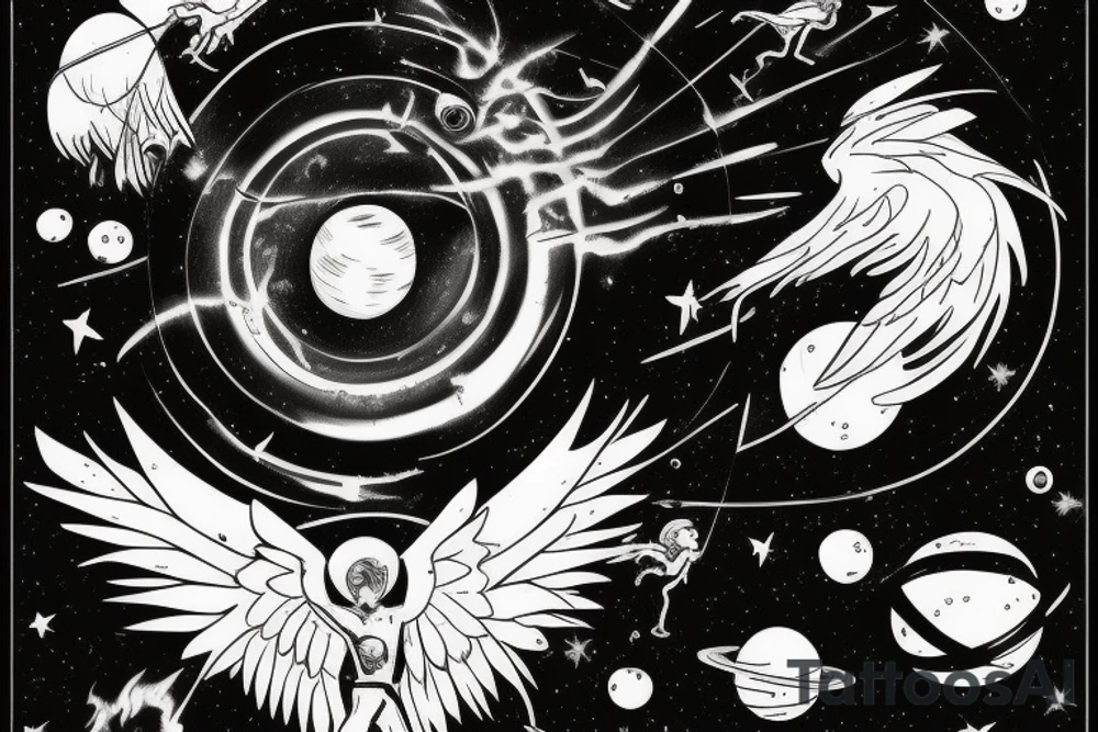 Icarus falling into a black hole with space elements tattoo idea