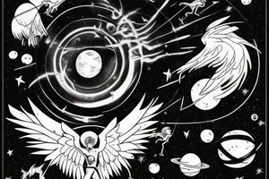 Icarus falling into a black hole with space elements tattoo idea