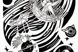 Icarus falling into a black hole with space elements tattoo idea