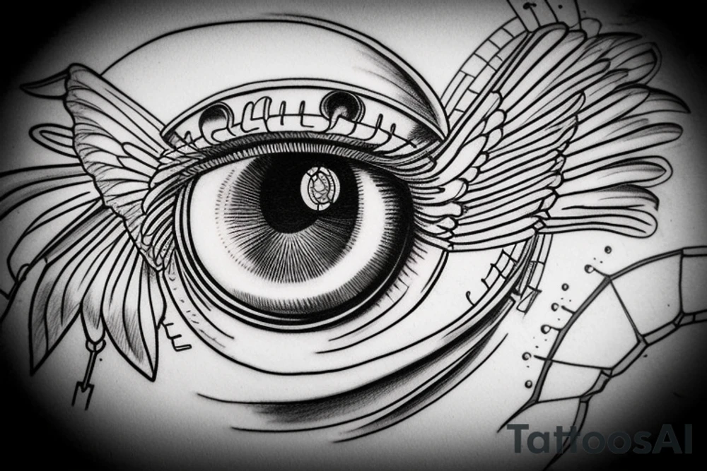 biomechanical eye with wings tattoo idea