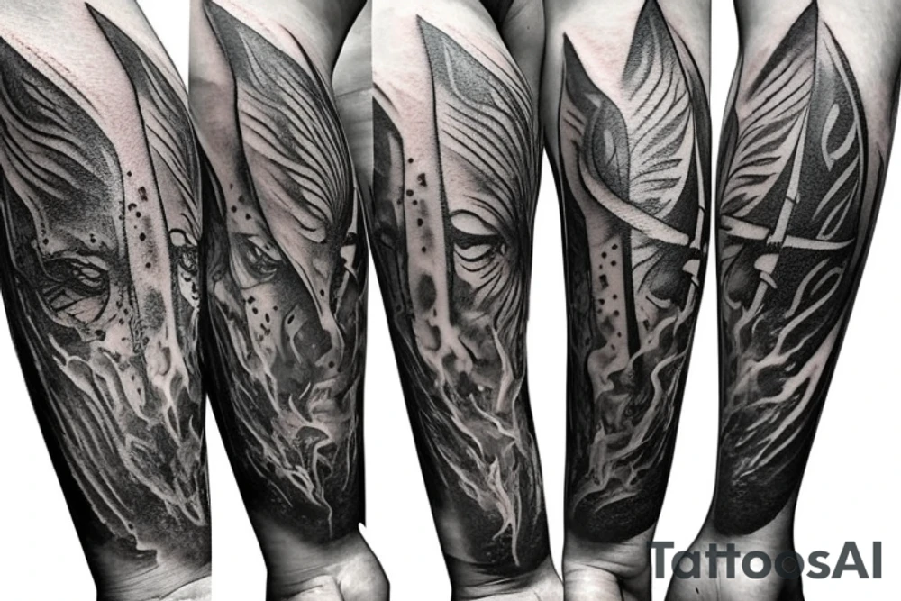 excalibur sword with and fire and dust around on the forearm tattoo idea