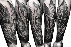 excalibur sword with and fire and dust around on the forearm tattoo idea