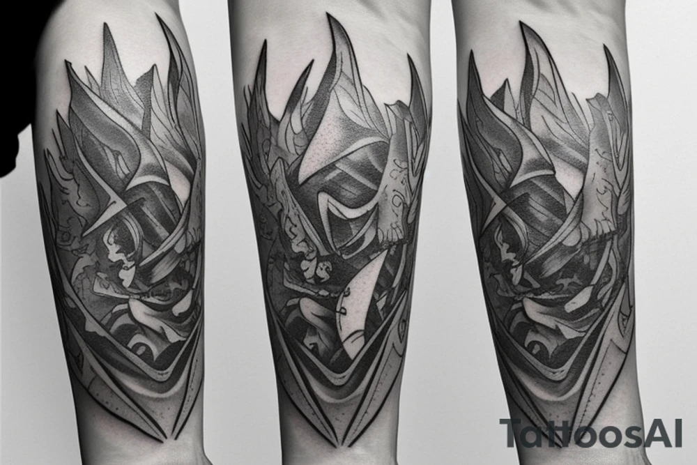 excalibur sword with and fire and dust around on the forearm tattoo idea