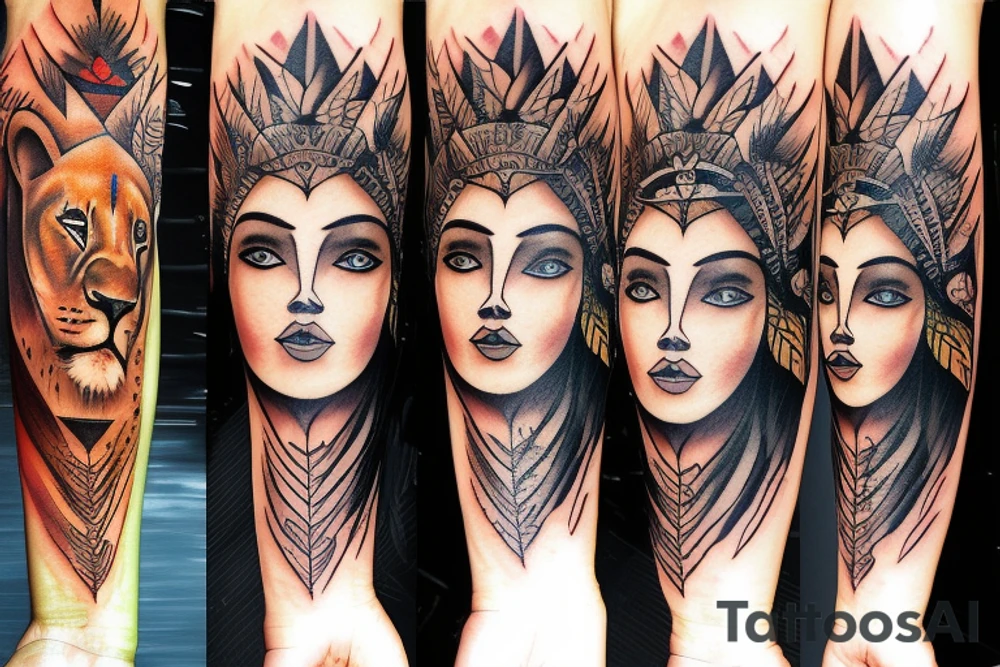 arm sleeve lion mountain waterfall Indian girl face tattoo idea