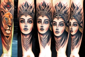 arm sleeve lion mountain waterfall Indian girl face tattoo idea