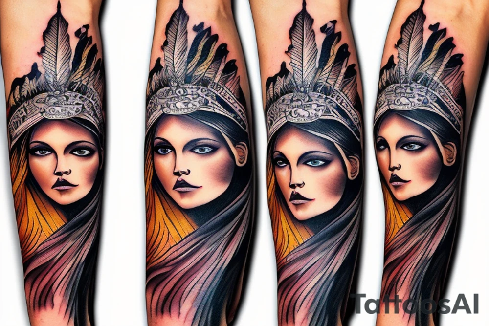 arm sleeve lion mountain waterfall Indian girl face tattoo idea