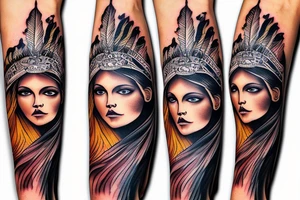 arm sleeve lion mountain waterfall Indian girl face tattoo idea