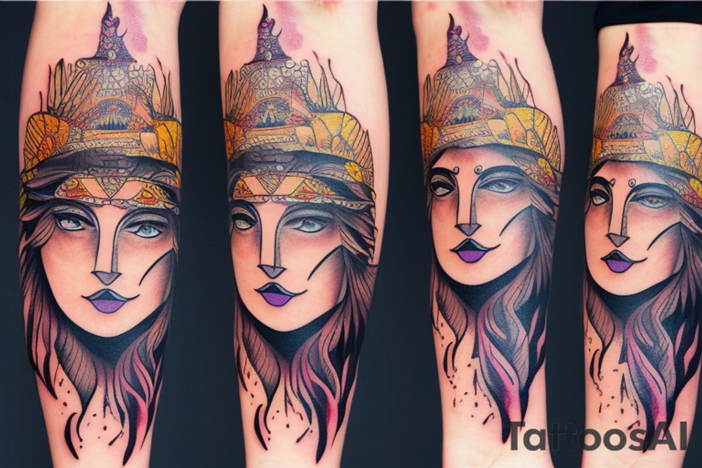 arm sleeve lion mountain waterfall Indian girl face tattoo idea