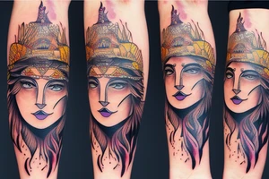 arm sleeve lion mountain waterfall Indian girl face tattoo idea