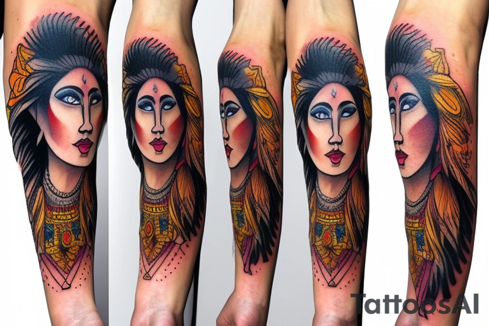 arm sleeve lion mountain waterfall Indian girl face tattoo idea