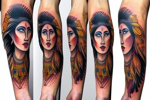 arm sleeve lion mountain waterfall Indian girl face tattoo idea