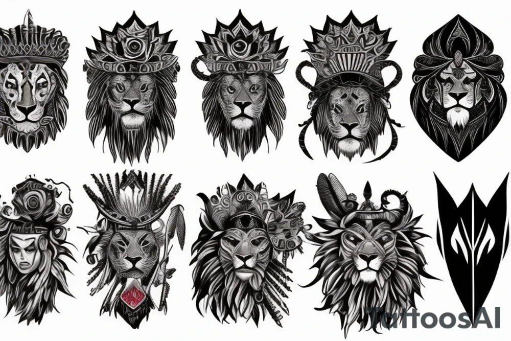 arm sleeve, lion face, mountain, Indian woman face, warrior man. tattoo idea