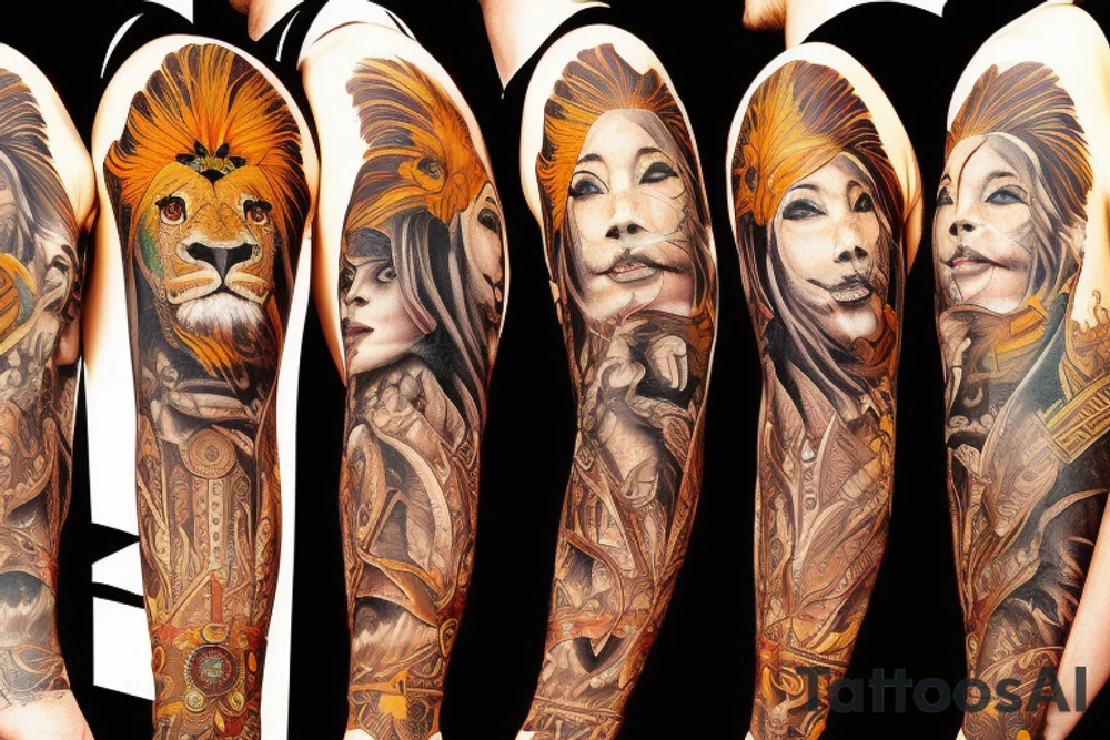 arm sleeve, lion face, mountain, Indian woman face, warrior man. tattoo idea