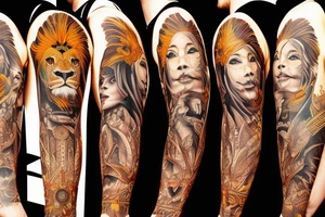 arm sleeve, lion face, mountain, Indian woman face, warrior man. tattoo idea