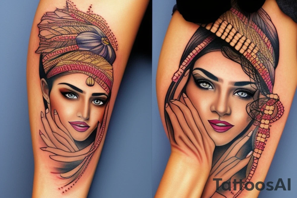 indian woman face, arm sleeve tattoo idea