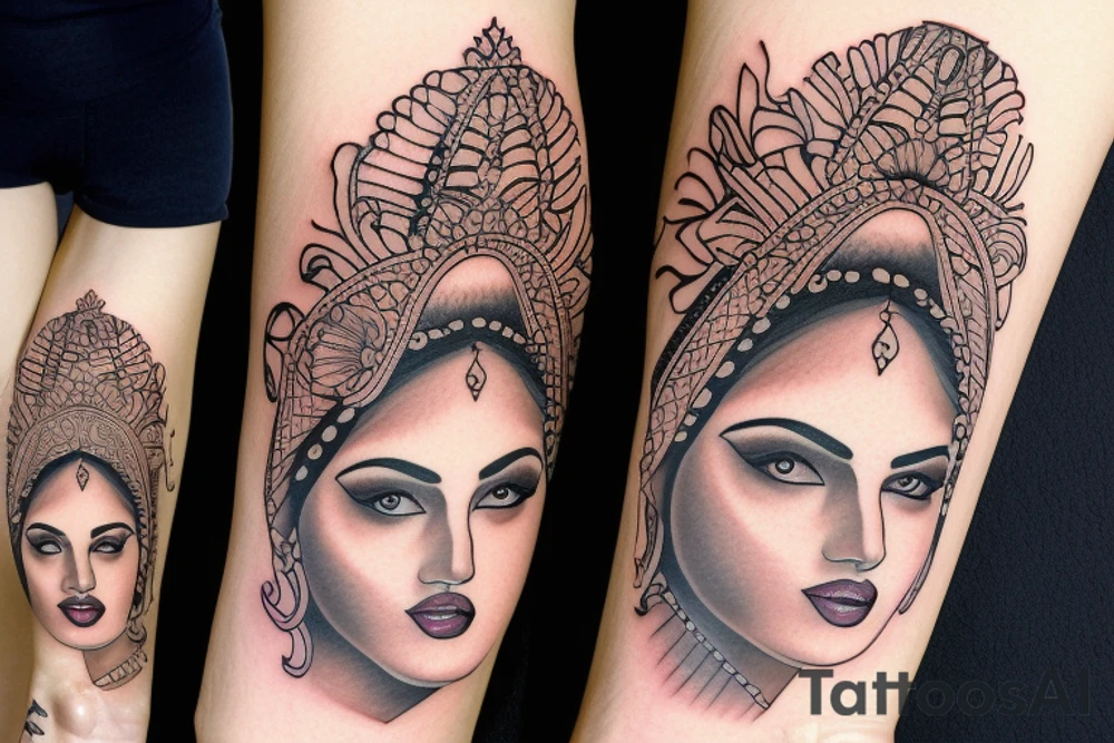indian woman face, arm sleeve tattoo idea