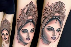 indian woman face, arm sleeve tattoo idea