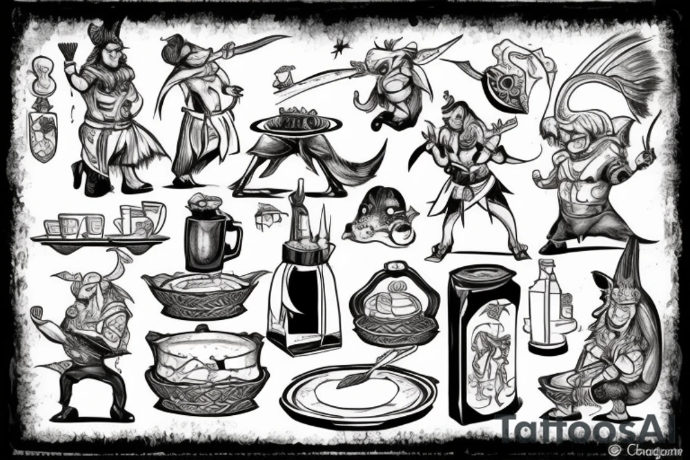 Chef serving fantasy characters at a table tattoo idea