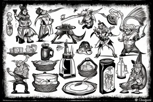 Chef serving fantasy characters at a table tattoo idea