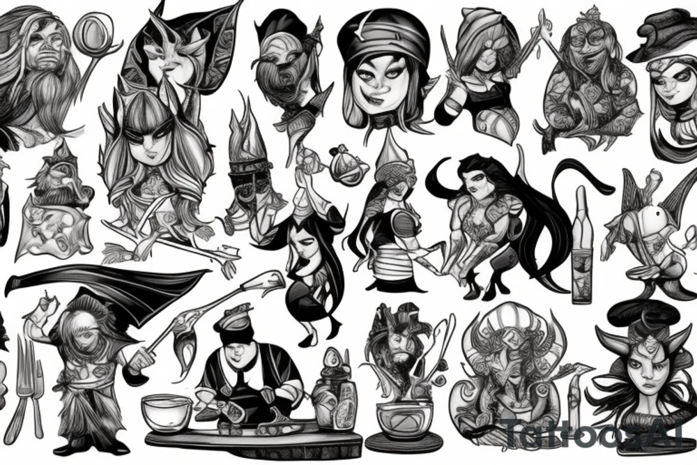 Chef serving fantasy characters at a table tattoo idea