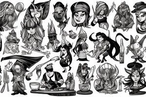 Chef serving fantasy characters at a table tattoo idea