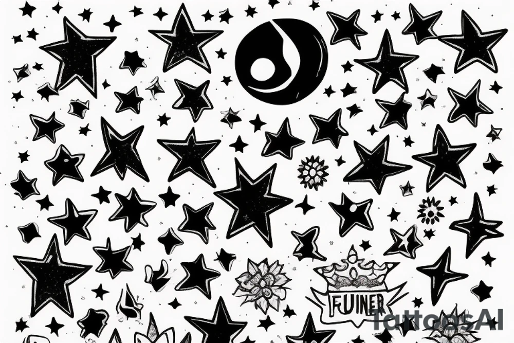 Forever young words bold with stars and flowers round crown tattoo idea