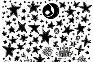 Forever young words bold with stars and flowers round crown tattoo idea