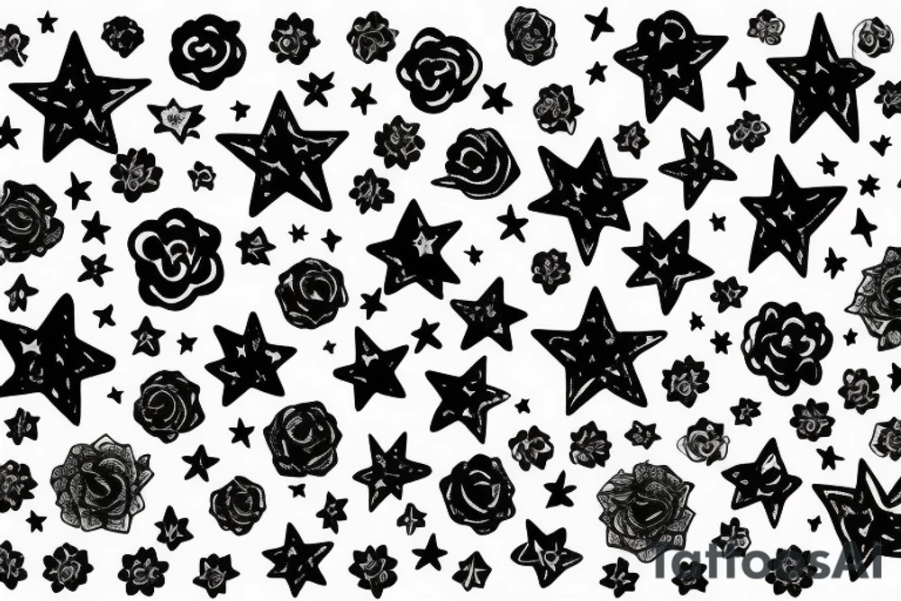 Forever young words bold with stars and flowers round crown tattoo idea