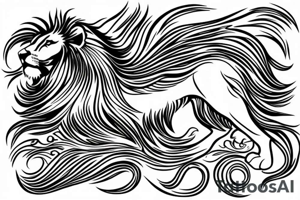 Majestic lion with hair as a ocean wave tattoo idea