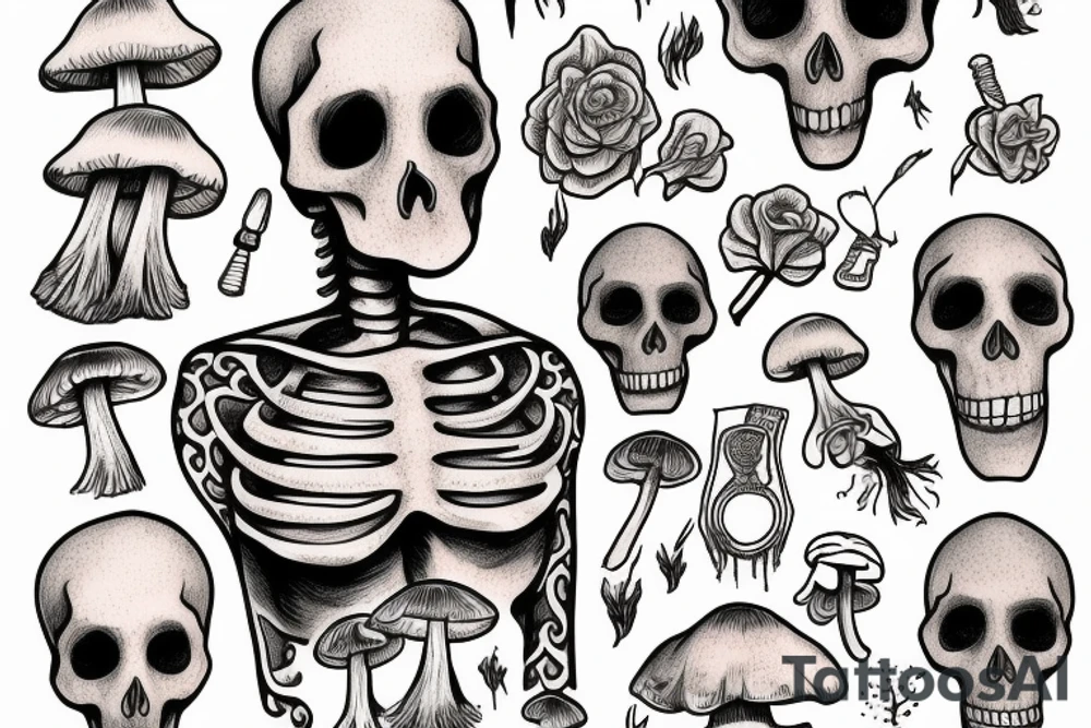 Human Skelton with mushrooms growing out of it tattoo idea