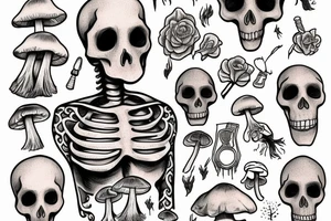 Human Skelton with mushrooms growing out of it tattoo idea