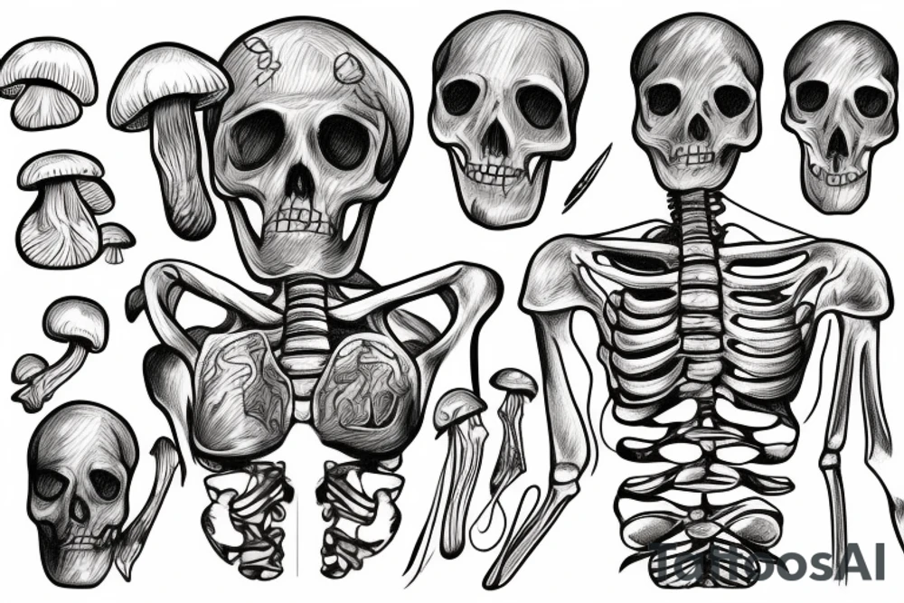 Human Skelton with mushrooms growing out of it tattoo idea
