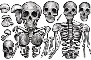 Human Skelton with mushrooms growing out of it tattoo idea
