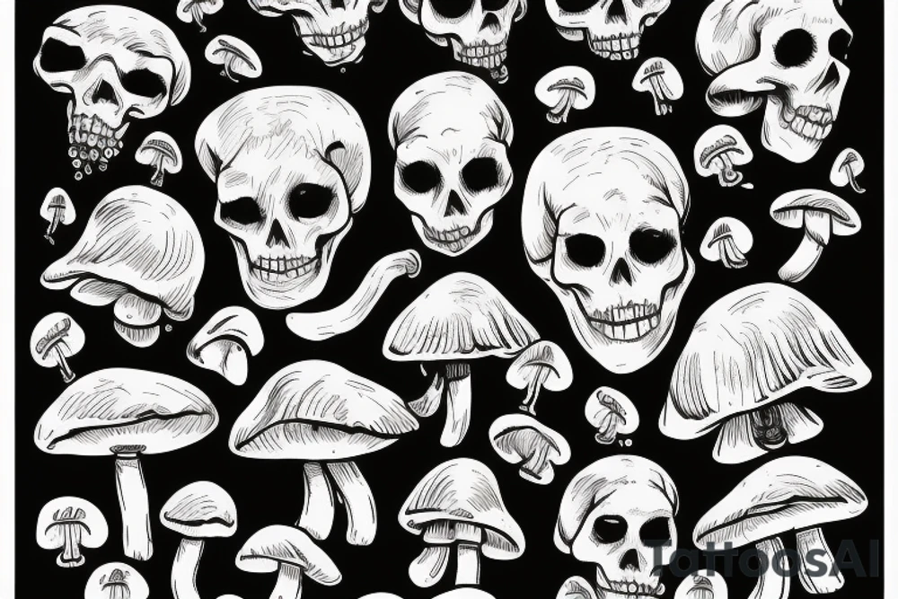 Human Skelton with mushrooms growing out of it tattoo idea