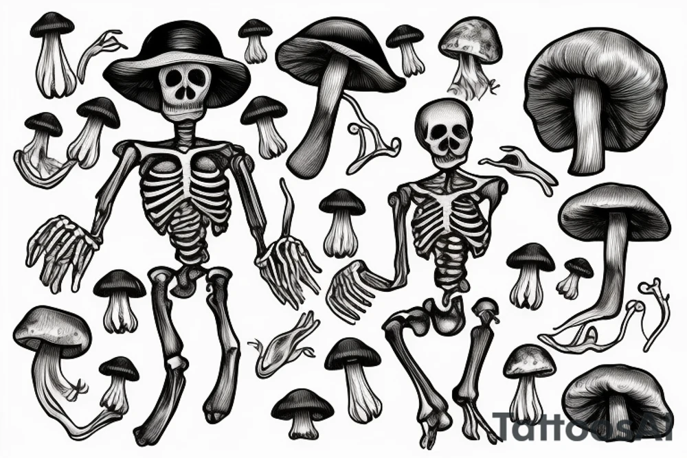 Human Skelton with mushrooms growing out of it tattoo idea