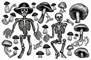 Human Skelton with mushrooms growing out of it tattoo idea