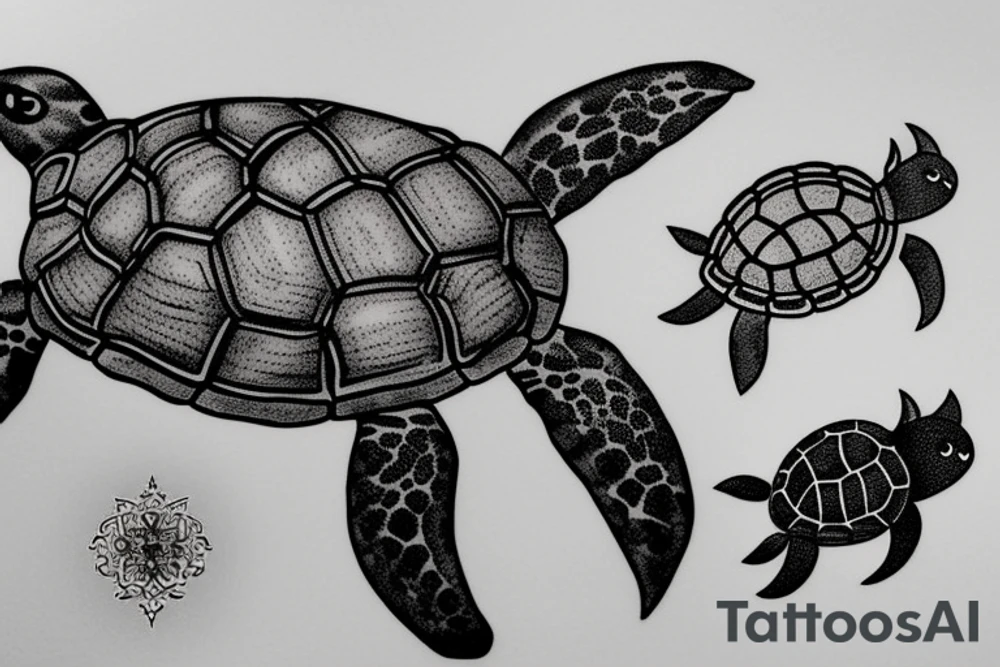 Sea turtle, cat and bull minimalistic tattoo idea