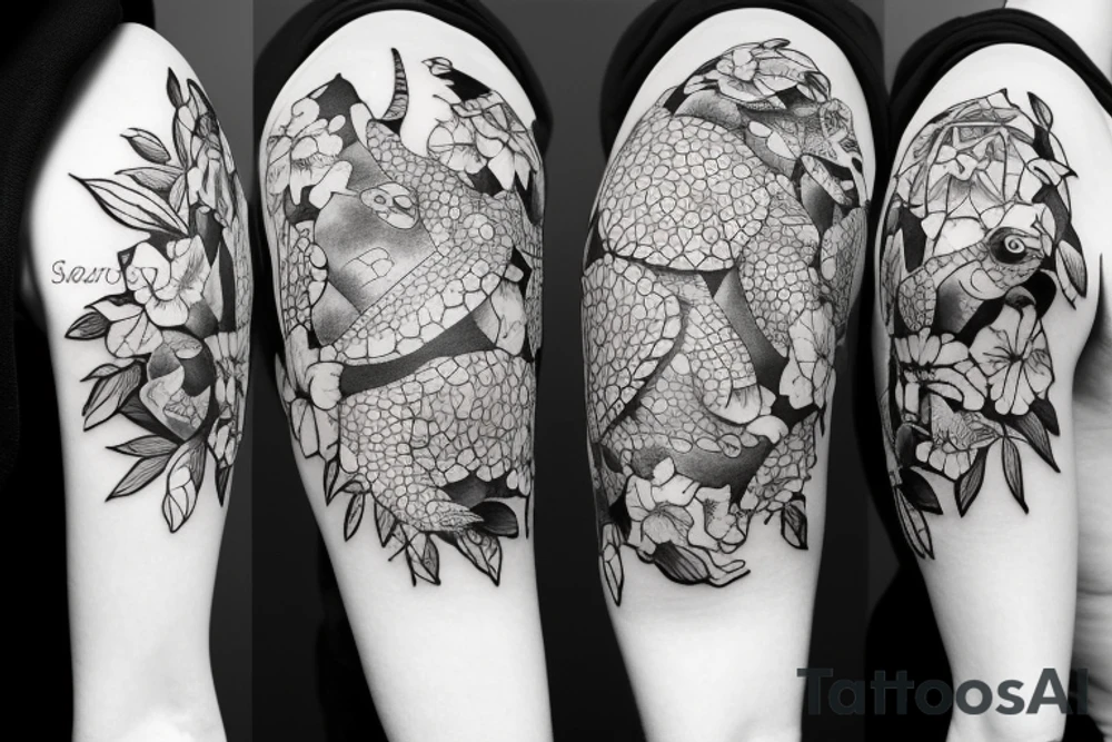 Sea turtle, cat and bull over flowers tattoo idea