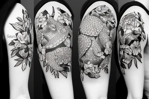 Sea turtle, cat and bull over flowers tattoo idea