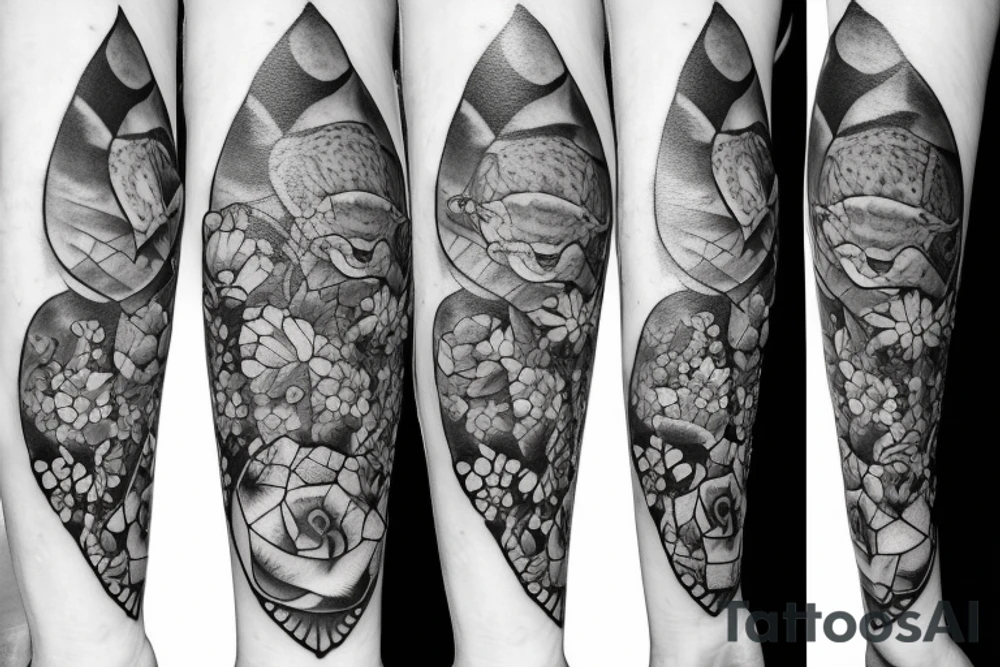 Sea turtle, cat and bull over flowers tattoo idea