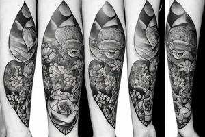 Sea turtle, cat and bull over flowers tattoo idea