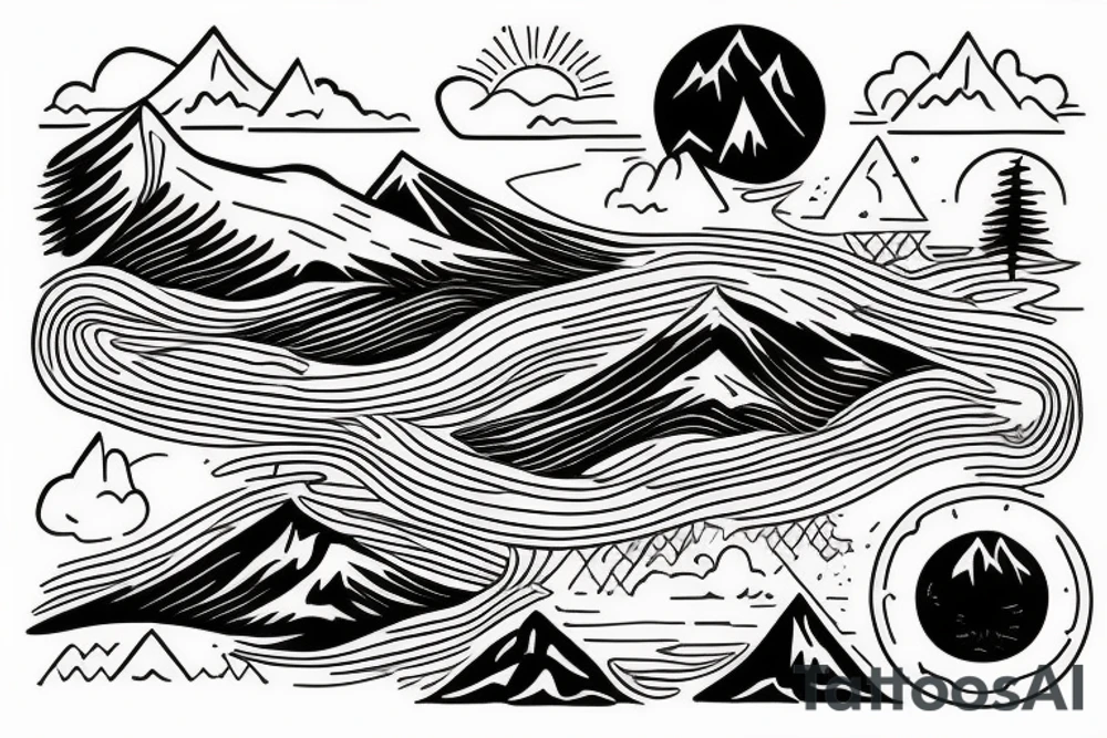 Line tattoo with sun shining over blue ridge mountains and a trail below with water over a stream tattoo idea