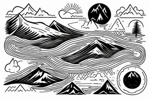 Line tattoo with sun shining over blue ridge mountains and a trail below with water over a stream tattoo idea