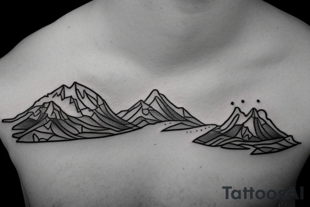 Line tattoo with sun shining over blue ridge mountains and a trail below with water over a stream tattoo idea